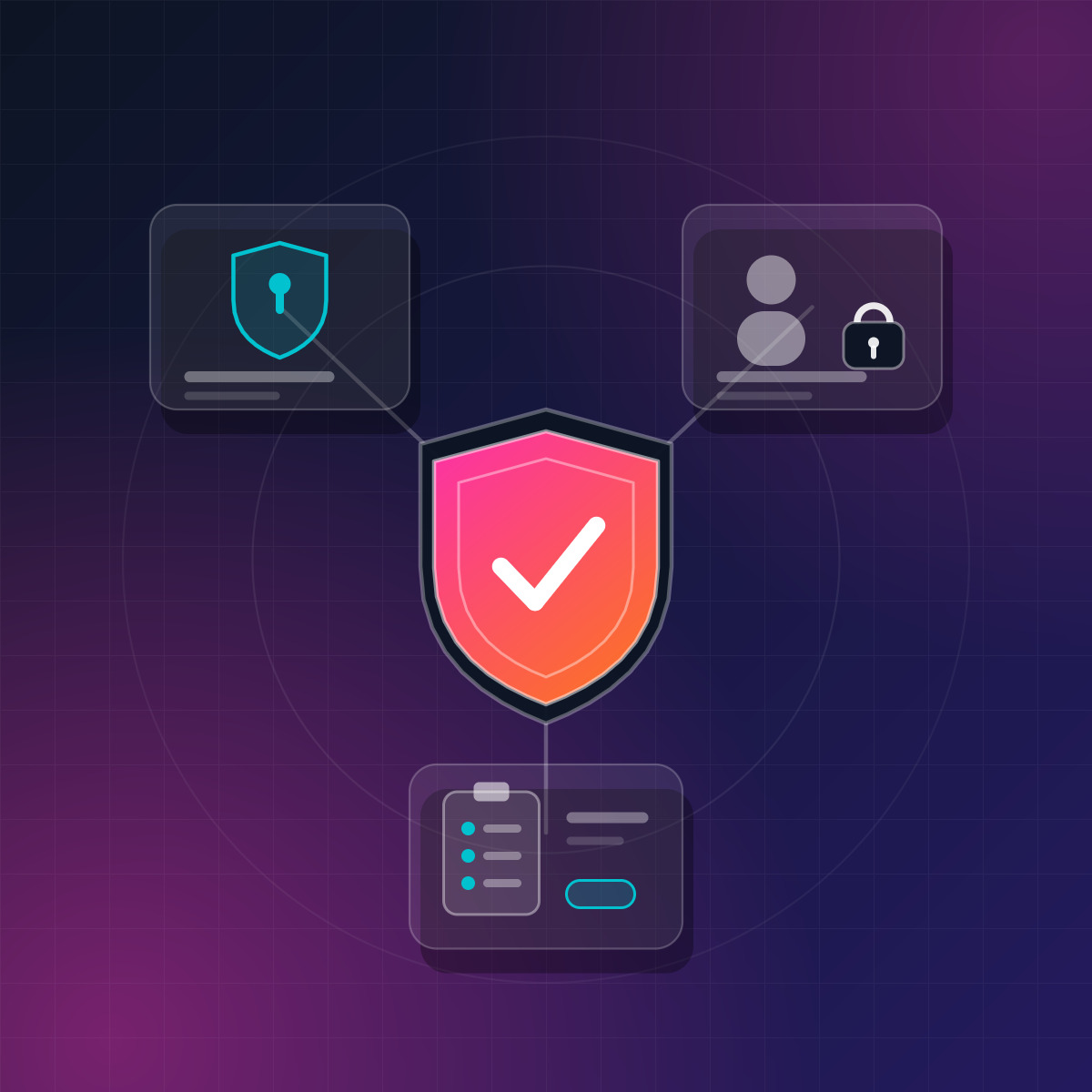 Shield with checkmark surrounded by information security, data protection and compliance roles