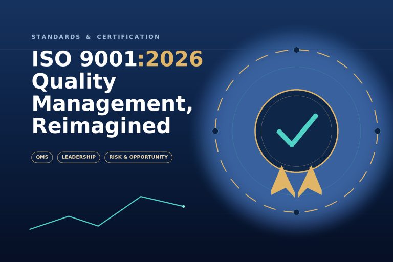Abstract badge illustration symbolizing ISO 9001:2026 quality management certification